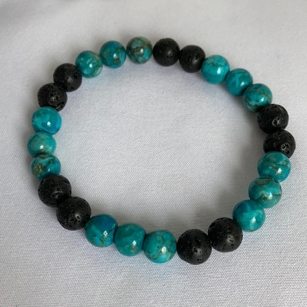 Stretch Beaded Bracelet Cyan Blue Turquoise and Lava Stone Beads - Picture 5 of 10